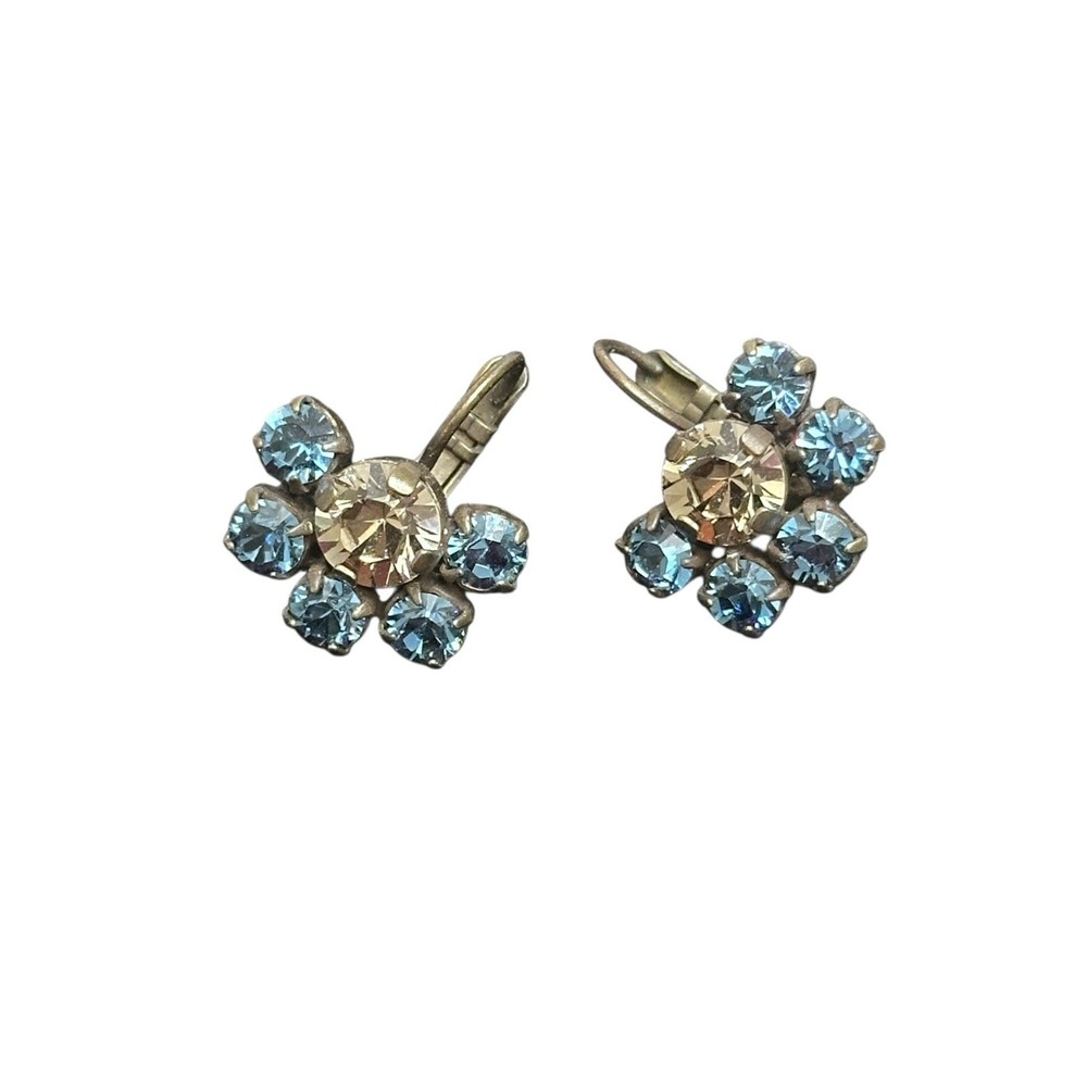 Vintage Chunky Blue Art Glass Rhinestone‎ Flower Beads Pierced Earrings